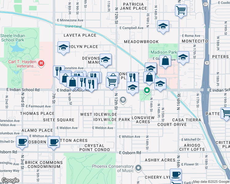 map of restaurants, bars, coffee shops, grocery stores, and more near 1202 East Indian School Road in Phoenix