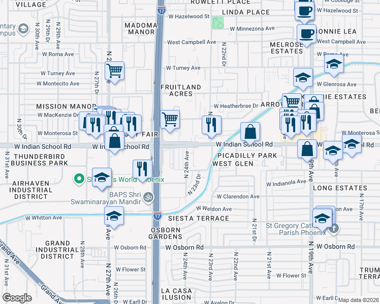 map of restaurants, bars, coffee shops, grocery stores, and more near in Phoenix