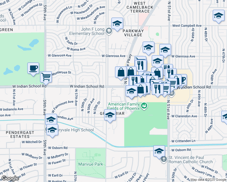 map of restaurants, bars, coffee shops, grocery stores, and more near 5428 West Indian School Road in Phoenix