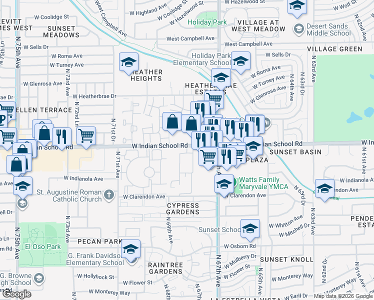map of restaurants, bars, coffee shops, grocery stores, and more near 6800 West Indian School Road in Phoenix