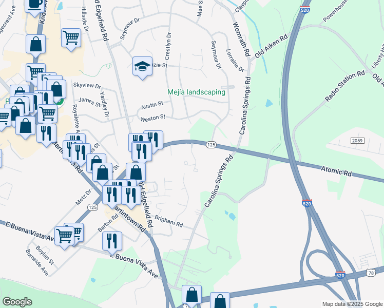 map of restaurants, bars, coffee shops, grocery stores, and more near 136 Breckenridge Drive in North Augusta