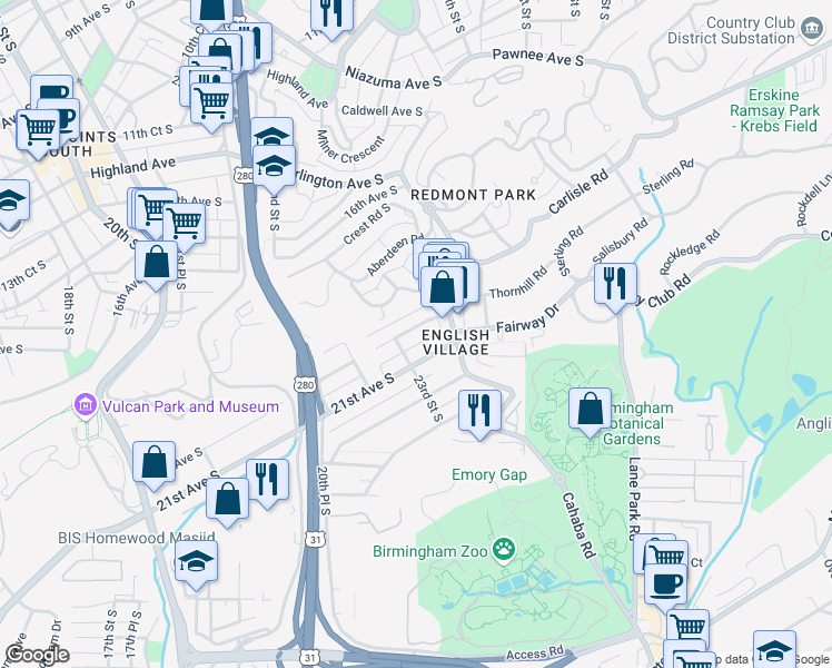 map of restaurants, bars, coffee shops, grocery stores, and more near 2328 20th Avenue South in Birmingham