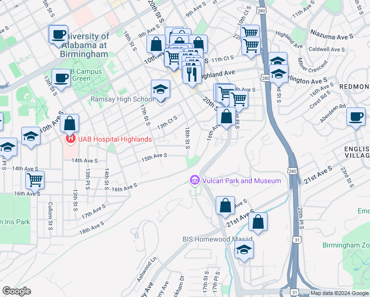 map of restaurants, bars, coffee shops, grocery stores, and more near 1431 18th Street South in Birmingham
