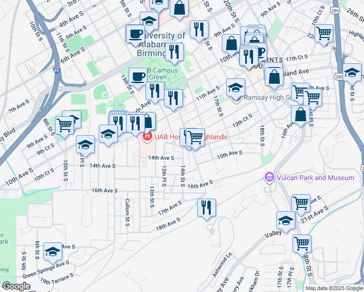 map of restaurants, bars, coffee shops, grocery stores, and more near 1143 14th Street South in Birmingham
