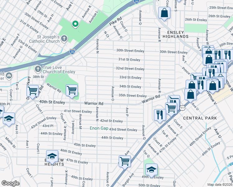 map of restaurants, bars, coffee shops, grocery stores, and more near 1525 34th Street Ensley in Birmingham