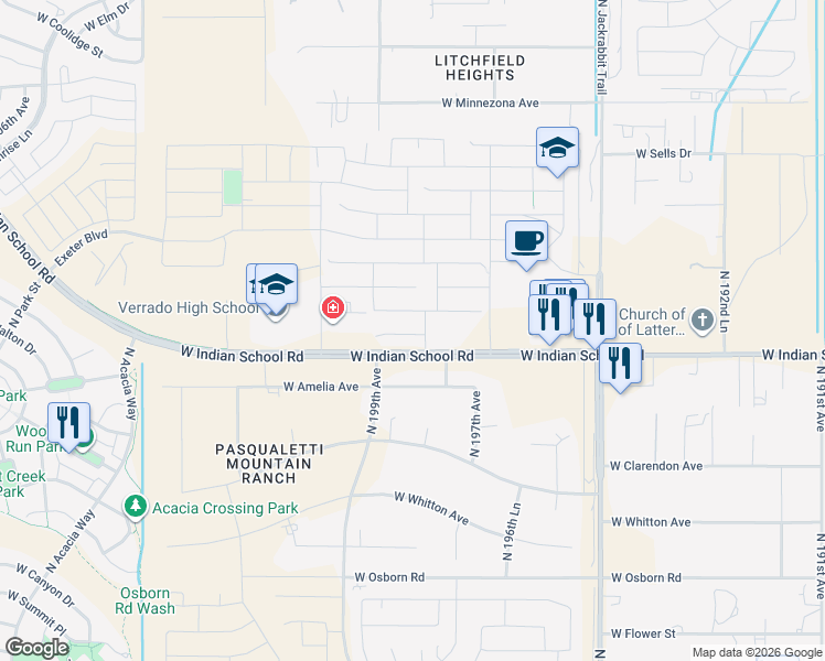 map of restaurants, bars, coffee shops, grocery stores, and more near 19855 West Devonshire Avenue in Buckeye