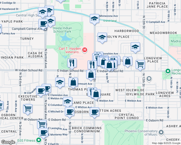 map of restaurants, bars, coffee shops, grocery stores, and more near 650 East Indian School Road in Phoenix