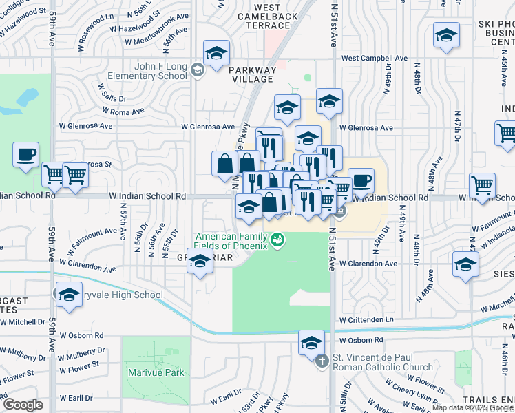 map of restaurants, bars, coffee shops, grocery stores, and more near in Phoenix