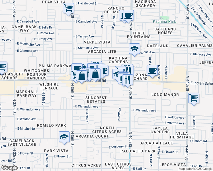 map of restaurants, bars, coffee shops, grocery stores, and more near 3815 East Indian School Road in Phoenix