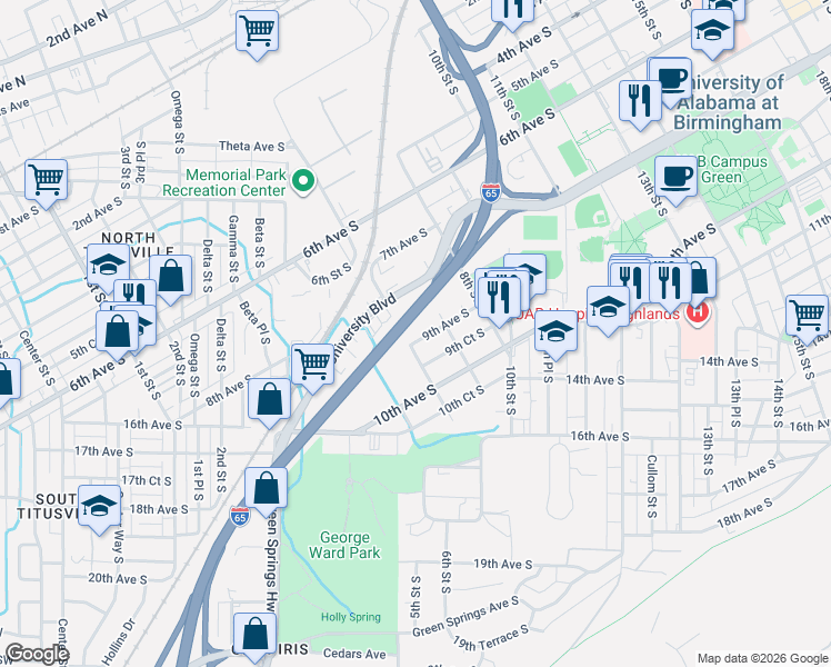 map of restaurants, bars, coffee shops, grocery stores, and more near 616 9th Avenue South in Birmingham