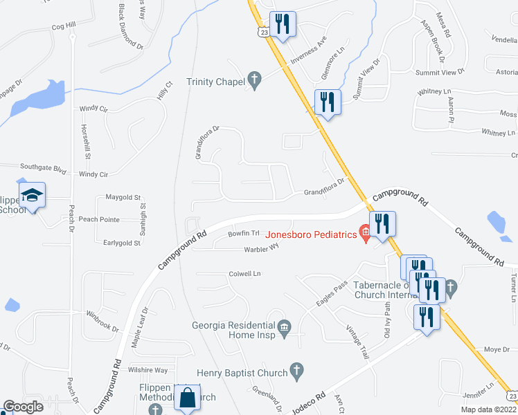 map of restaurants, bars, coffee shops, grocery stores, and more near 171 Grandiflora Drive in McDonough