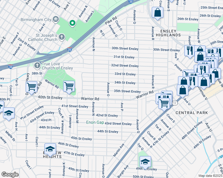 map of restaurants, bars, coffee shops, grocery stores, and more near 1525 34th Street Ensley in Birmingham