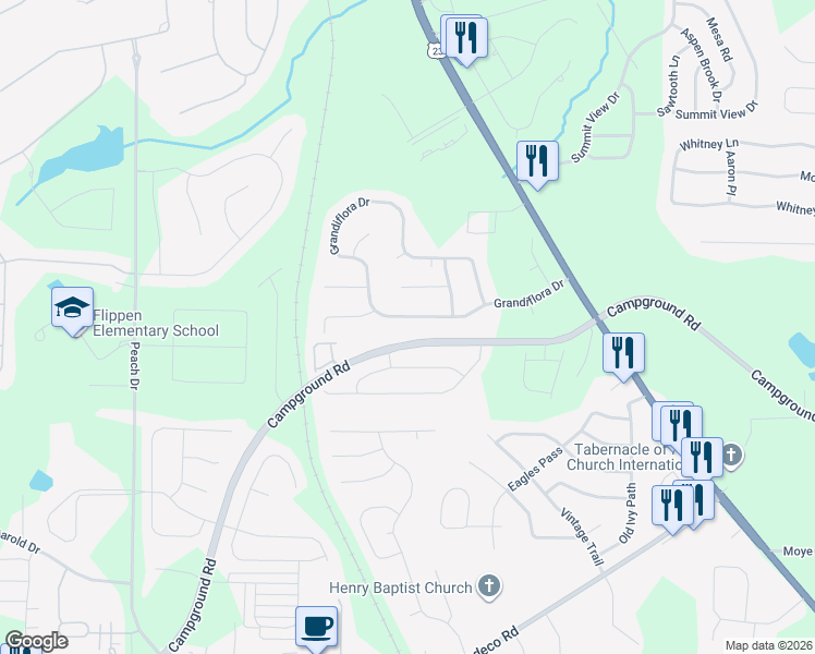 map of restaurants, bars, coffee shops, grocery stores, and more near 200 Grandiflora Drive in McDonough
