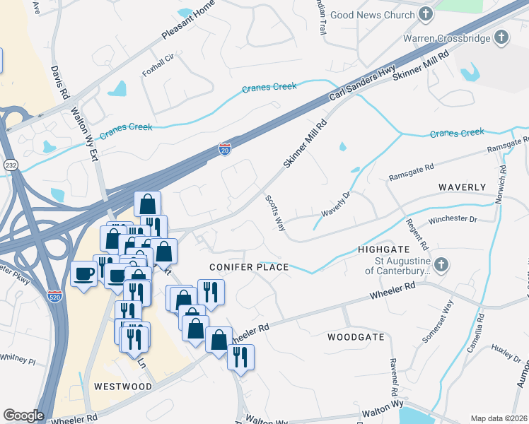 map of restaurants, bars, coffee shops, grocery stores, and more near 305 Scotts Way in Augusta