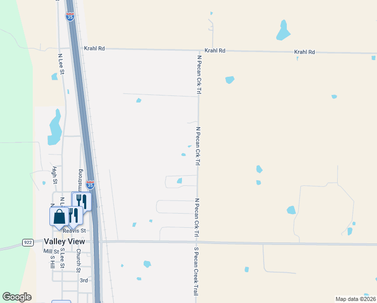 map of restaurants, bars, coffee shops, grocery stores, and more near 701 North Pecan Trail in Valley View