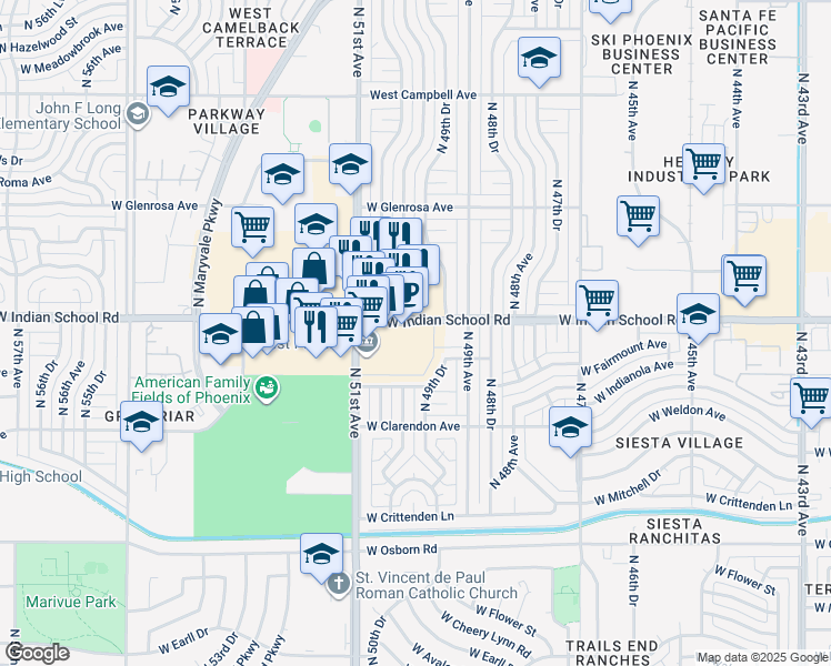map of restaurants, bars, coffee shops, grocery stores, and more near 4949 West Indian School Road in Phoenix