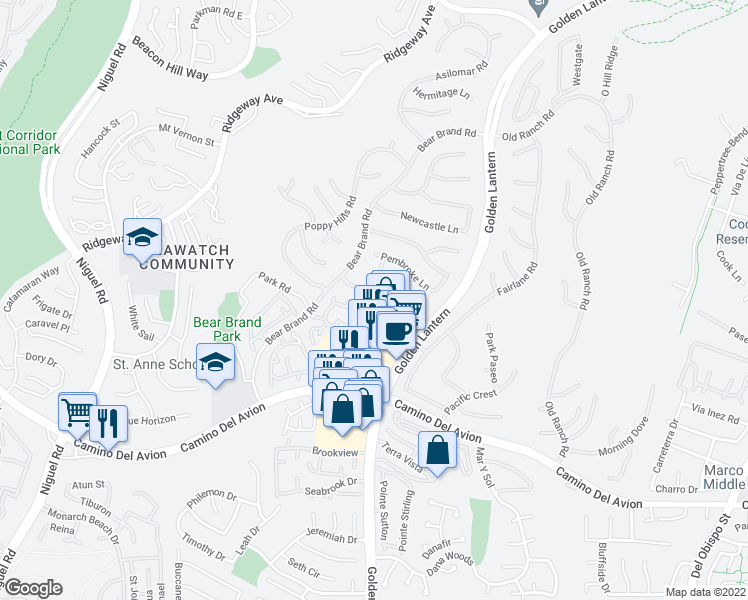 map of restaurants, bars, coffee shops, grocery stores, and more near 177 Shorebreaker Drive in Laguna Niguel