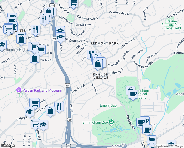 map of restaurants, bars, coffee shops, grocery stores, and more near 2328 20th Avenue South in Birmingham