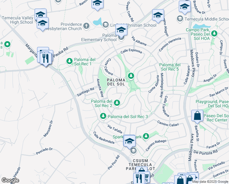 map of restaurants, bars, coffee shops, grocery stores, and more near 31858 Corte Priego in Temecula