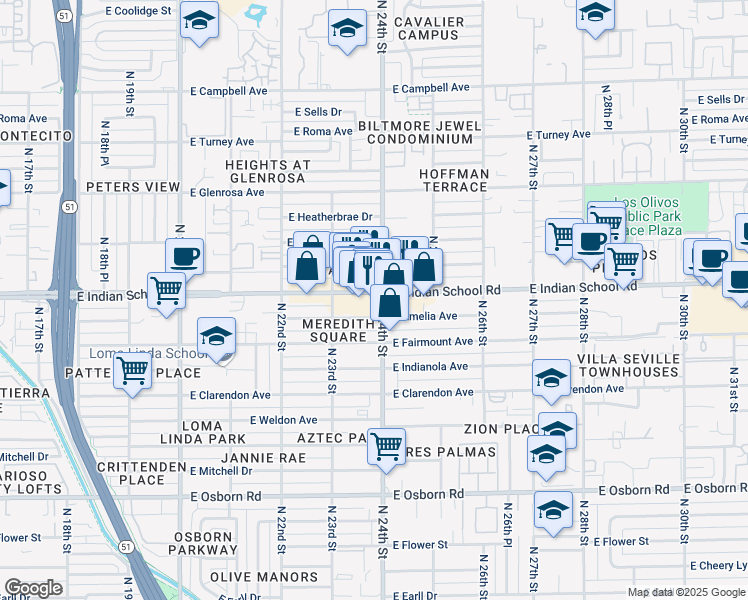 map of restaurants, bars, coffee shops, grocery stores, and more near in Phoenix
