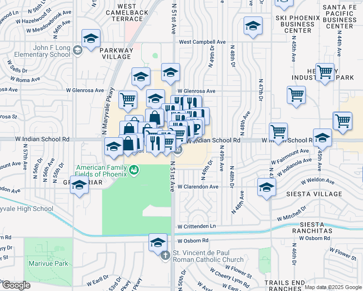 map of restaurants, bars, coffee shops, grocery stores, and more near 5060-5098 West Indian School Road in Phoenix