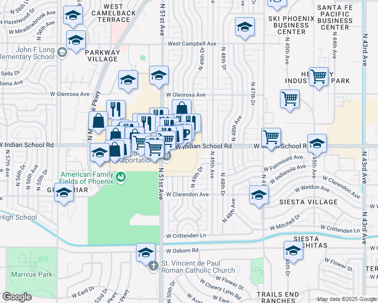 map of restaurants, bars, coffee shops, grocery stores, and more near 4949 West Indian School Road in Phoenix
