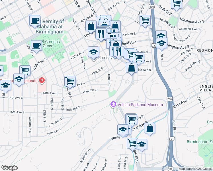 map of restaurants, bars, coffee shops, grocery stores, and more near 1436 18th Street South in Birmingham