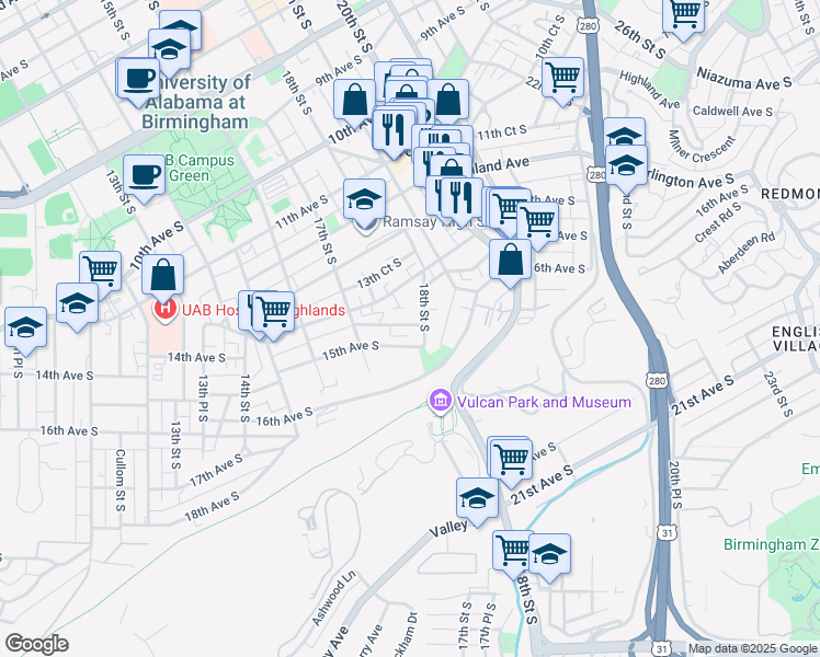 map of restaurants, bars, coffee shops, grocery stores, and more near 1725 14th Court South in Birmingham