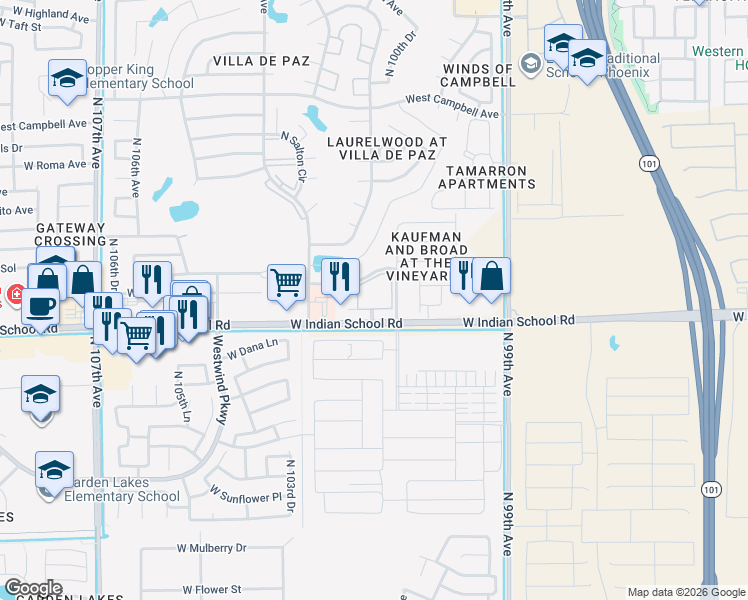 map of restaurants, bars, coffee shops, grocery stores, and more near 14 West Monterosa Street in Phoenix