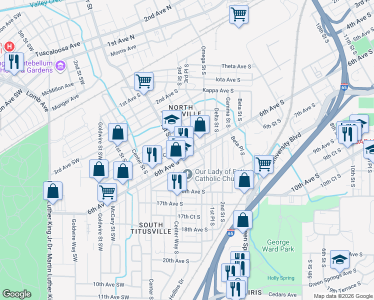map of restaurants, bars, coffee shops, grocery stores, and more near 128 6th Avenue South in Birmingham