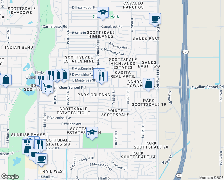 map of restaurants, bars, coffee shops, grocery stores, and more near 4020 North 85th Street in Scottsdale