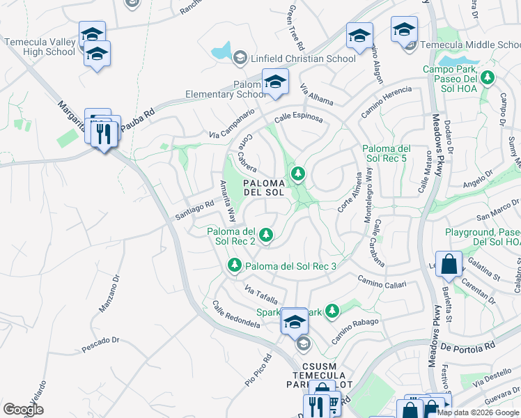 map of restaurants, bars, coffee shops, grocery stores, and more near 31858 Corte Priego in Temecula