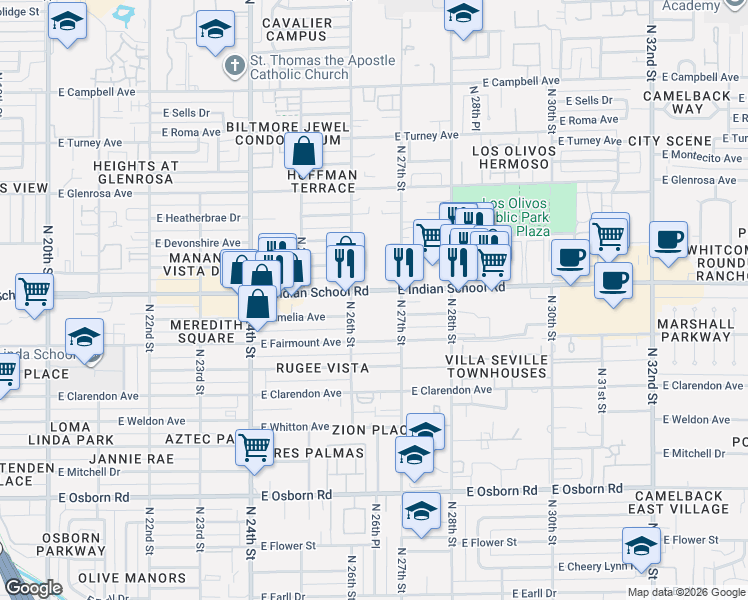 map of restaurants, bars, coffee shops, grocery stores, and more near 2625 East Indian School Road in Phoenix