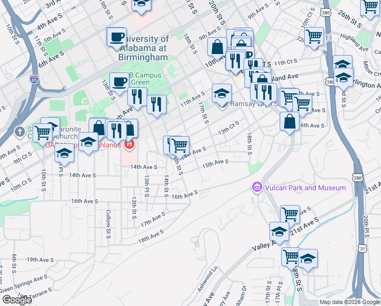map of restaurants, bars, coffee shops, grocery stores, and more near 14th Avenue South in Birmingham