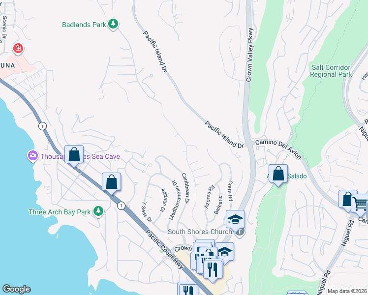 map of restaurants, bars, coffee shops, grocery stores, and more near 32201 Sea Island Drive in Dana Point