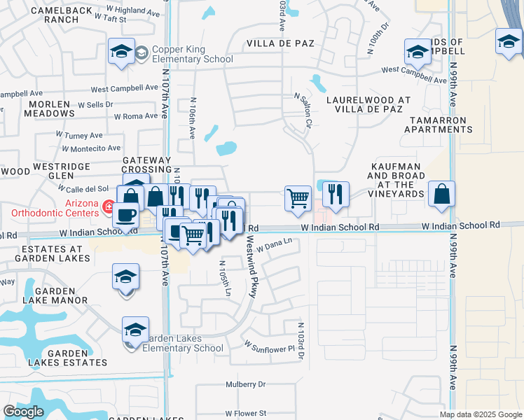 map of restaurants, bars, coffee shops, grocery stores, and more near 4141 North 104th Drive in Phoenix