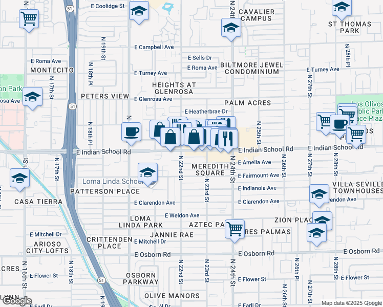 map of restaurants, bars, coffee shops, grocery stores, and more near 2222 East Indian School Road in Phoenix
