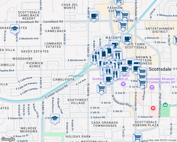 map of restaurants, bars, coffee shops, grocery stores, and more near E Indian School Rd & N 68th St in Scottsdale