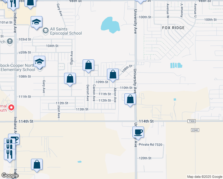 map of restaurants, bars, coffee shops, grocery stores, and more near 2605 110th Street in Lubbock
