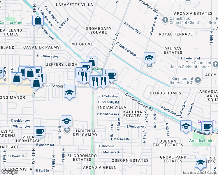 map of restaurants, bars, coffee shops, grocery stores, and more near E Indian School Rd & N 49th St in Phoenix