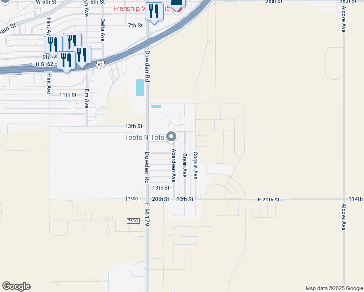 map of restaurants, bars, coffee shops, grocery stores, and more near 1405-1407 Bryan Avenue in Wolfforth