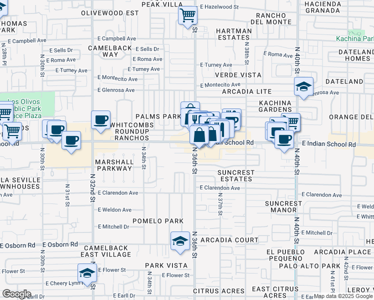 map of restaurants, bars, coffee shops, grocery stores, and more near 3531 East Indian School Road in Phoenix