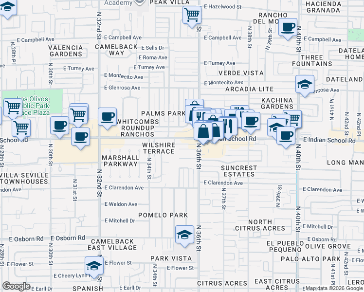 map of restaurants, bars, coffee shops, grocery stores, and more near 3531 East Indian School Road in Phoenix