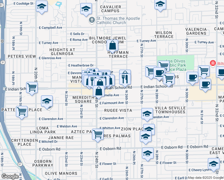 map of restaurants, bars, coffee shops, grocery stores, and more near 2514e East Indian School Road in Phoenix