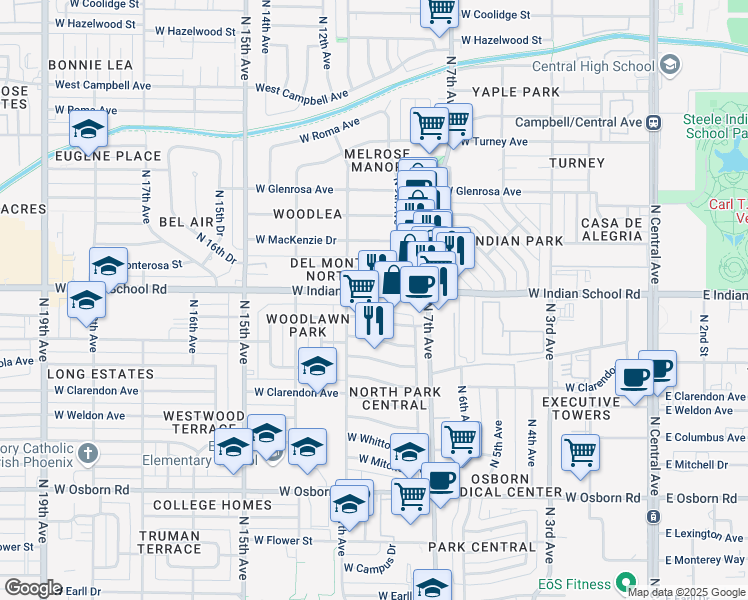 map of restaurants, bars, coffee shops, grocery stores, and more near 841 West Indian School Road in Phoenix