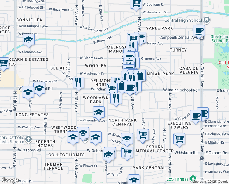 map of restaurants, bars, coffee shops, grocery stores, and more near 841 West Indian School Road in Phoenix
