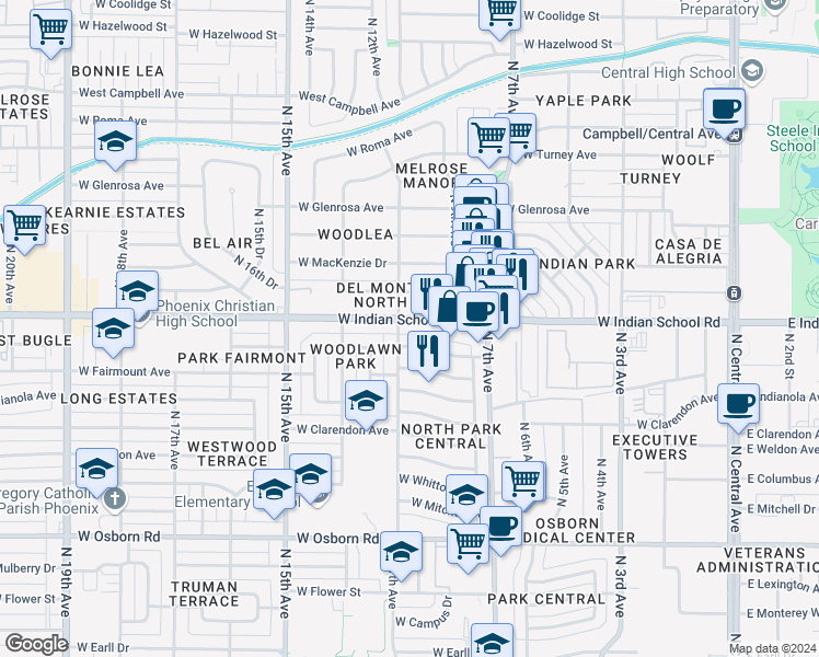 map of restaurants, bars, coffee shops, grocery stores, and more near 841 West Indian School Road in Phoenix