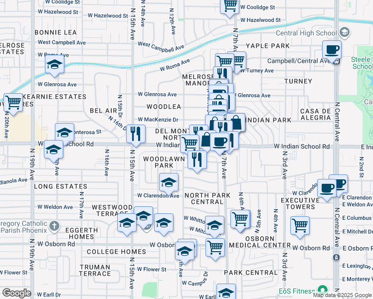 map of restaurants, bars, coffee shops, grocery stores, and more near 841 West Indian School Road in Phoenix
