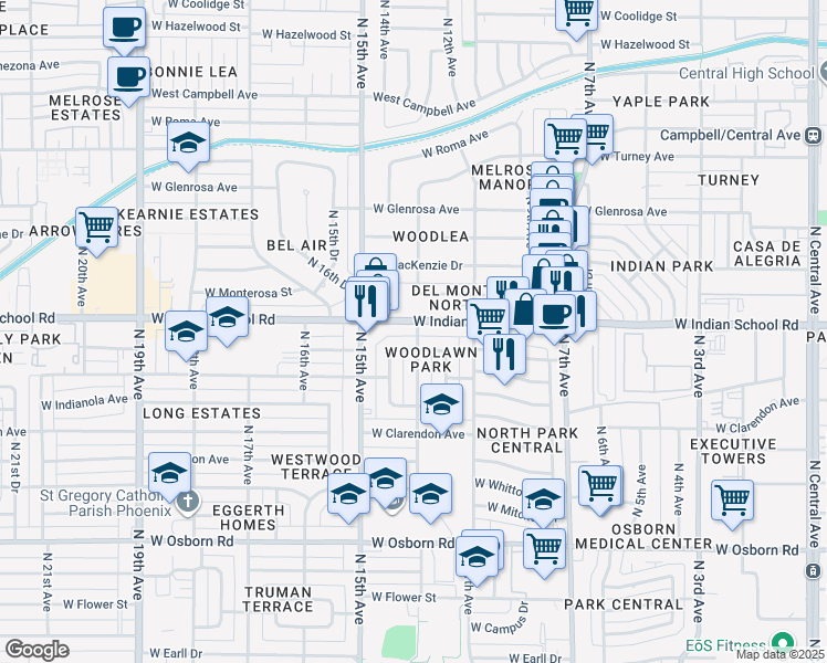 map of restaurants, bars, coffee shops, grocery stores, and more near 1142 West Indian School Road in Phoenix