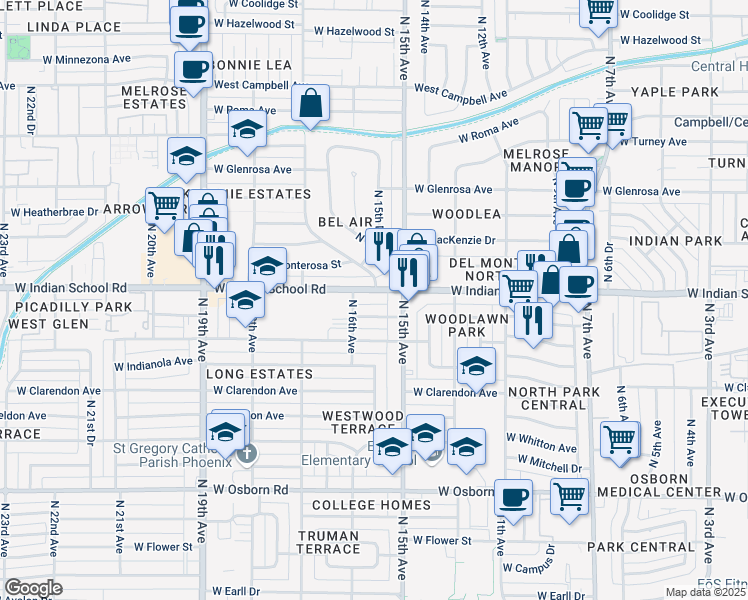 map of restaurants, bars, coffee shops, grocery stores, and more near in Phoenix